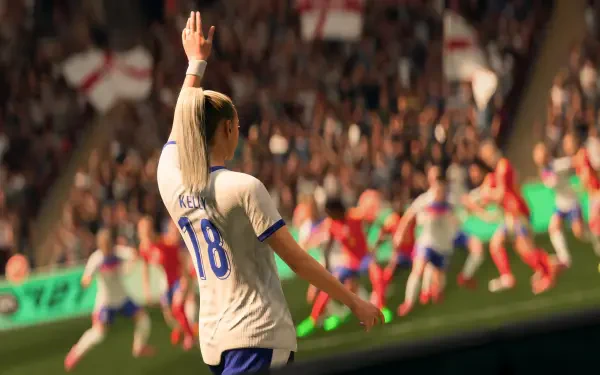 EA SPORTS FC 27 4K Ultra HD PC wallpaper: soccer player #18 raises an arm in celebration as teammates and a packed stadium blur in the background.