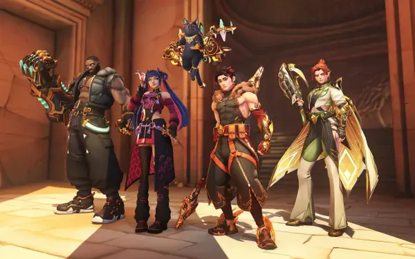4K Ultra HD PC desktop wallpaper: Overwatch group shot of four heroes in armor and varied weapons standing in a warm-lit temple corridor, posed together as a powerful team.