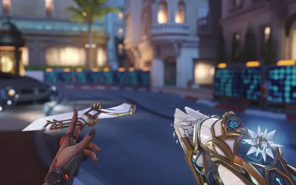 Overwatch FPS: first-person view of ornate melee blade and pistol on a neon-lit city street—4K Ultra HD PC desktop wallpaper and background.