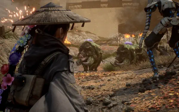 4K Ultra HD PC desktop wallpaper background: video game scene from Beast of Reincarnation—straw‑hatted samurai confronts snarling monsters and a mechanical foe on a scorched battlefield.