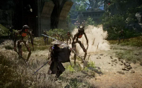 4K Ultra HD PC desktop wallpaper: video game battle with an armored hero fighting a skeletal Beast of Reincarnation and multiple monsters in a ruined courtyard.