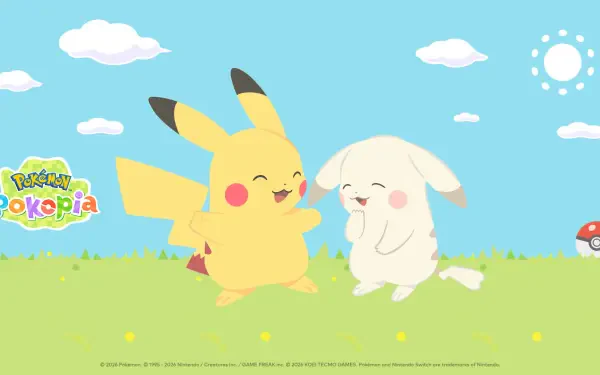 HD PC desktop wallpaper from the video game Pokemon Pokopia: Pikachu laughing with a white rabbit-like Pokemon on a sunny grassy field, Poke Ball and game logo visible.