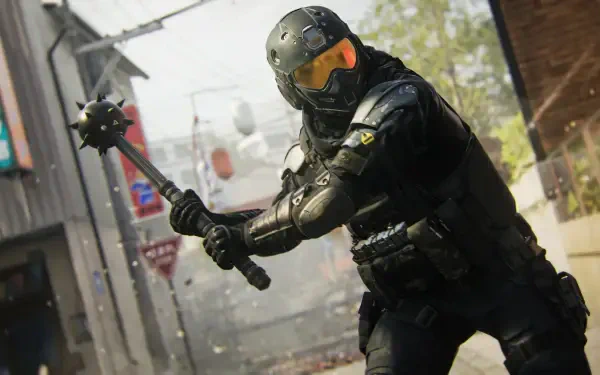 HD PC desktop wallpaper — video game: armored Call of Duty: Black Ops 7 soldier in full tactical gear swings a spiked mace down an urban street.