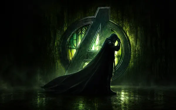 Avengers: Doomsday 4K Ultra HD PC desktop wallpaper — cloaked figure silhouetted before a glowing, weathered Avengers emblem over a rain‑slick reflective floor in green tones.