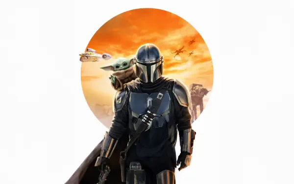 The Mandalorian in beskar armor with Grogu on his shoulder against an orange sunset circle — Star Wars 5K Ultra HD PC desktop wallpaper