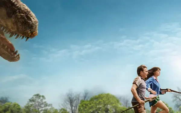 The End of Oak Street: 4K Ultra HD PC desktop wallpaper showing two people sprinting down a road as a dinosaur lunges from the treeline beneath a bright sky.