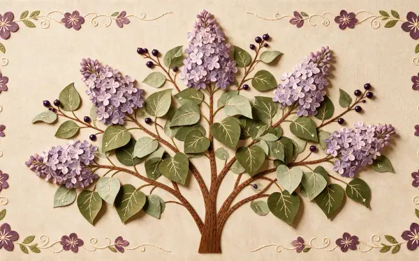 4K Ultra HD PC desktop wallpaper: stylized lilac tree with purple flower clusters and green leaves set against a beige, decorative background.