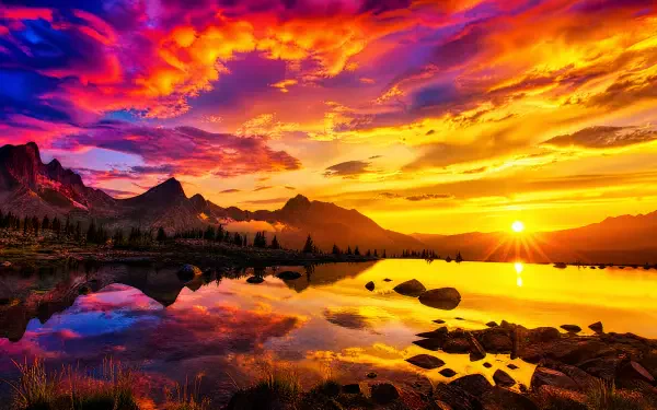 4K Ultra HD PC desktop wallpaper and background: golden sunrise over jagged mountains reflected in a glassy lake, vivid multicolored sky and rocky shoreline landscape.