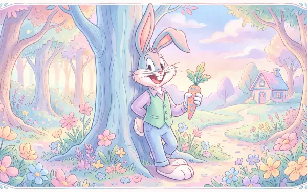 Bugs Bunny cartoon rabbit leaning against a tree, smiling and holding a carrot in a pastel meadow with flowers and a cottage — 5K Ultra HD PC desktop wallpaper.