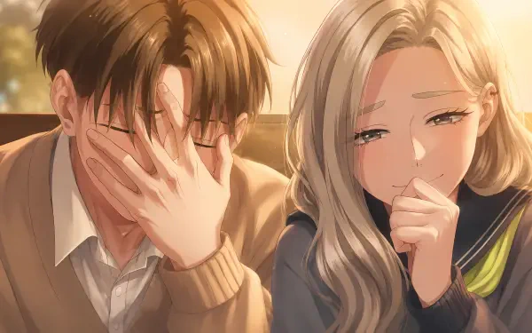 Shuuji Taira and Shino Azuma (Seihantai na Kimi to Boku) share a tender, tearful laugh in warm evening light — 5K Ultra HD PC desktop wallpaper.