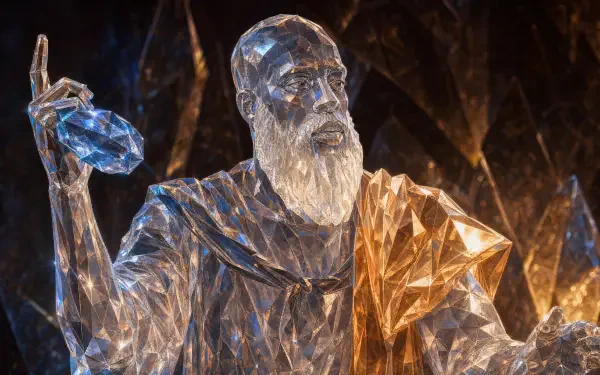 Faceted crystal bearded statue raising a hand in the La Peace meme pose, rendered in warm and cool tones — 4K Ultra HD PC desktop wallpaper/background.