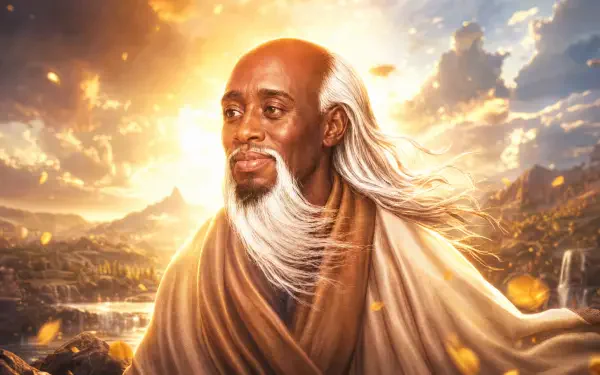 La Peace (meme): saintly elder with flowing white hair and beard against a glowing sunset landscape — 4K Ultra HD PC desktop wallpaper