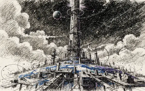 4K Ultra HD PC desktop wallpaper: sketch-style scene of a towering space elevator and launch-pad tower with rockets poised for ascent.