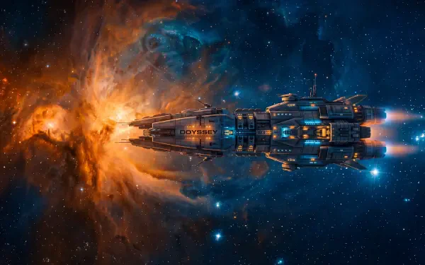 5K Ultra HD PC wallpaper: a spacecraft streaks through deep space, blue thrusters blazing as a fiery nebula explosion erupts nearby.