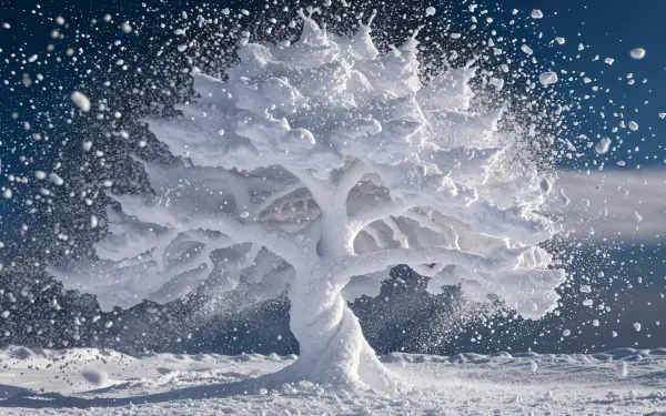 4K Ultra HD PC desktop wallpaper of a lone snow‑sculpted tree in a winter landscape, heavy snowflakes drifting against a crisp blue sky.