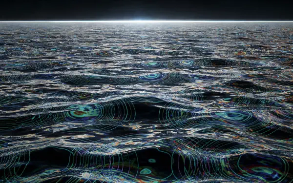 Abstract 4K Ultra HD PC desktop wallpaper: stylized ocean of layered contour lines forming rolling waves beneath a thin glowing horizon.