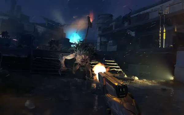 HD PC desktop wallpaper/background from the video game Alien Deathstorm: first-person gun firing at a zombie-like alien amid a dark, stormy ruined city.