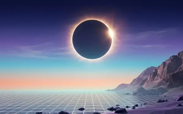 4K Ultra HD PC Desktop Wallpaper and Background: surreal landscape of a glowing solar eclipse above a grid-tiled shoreline with rocky cliffs and a pastel sky.