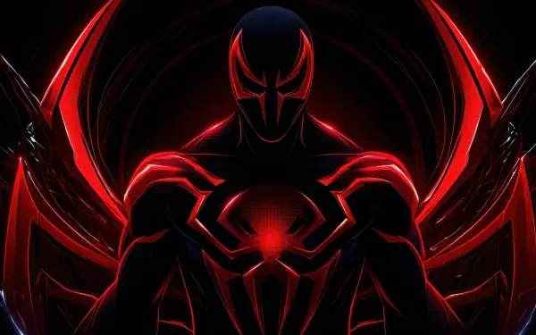 Spider-Man 2099 digital art: dark, red-accented futuristic superhero silhouette with glowing chest emblem and arching web-like blades — 4K Ultra HD PC desktop wallpaper/background.
