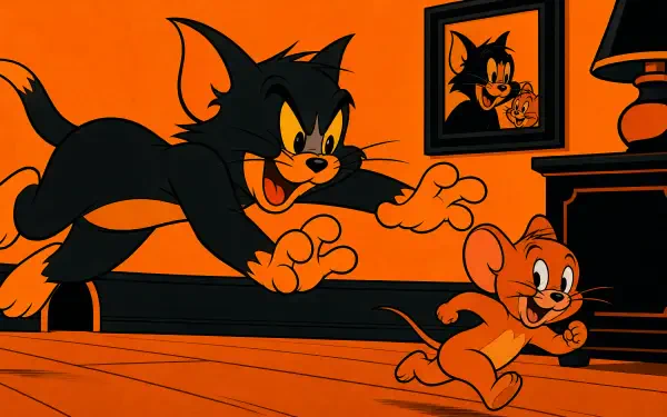 Tom and Jerry cartoon: Tom chases Jerry across a room in a bold orange scene — 4K Ultra HD PC desktop wallpaper/background.
