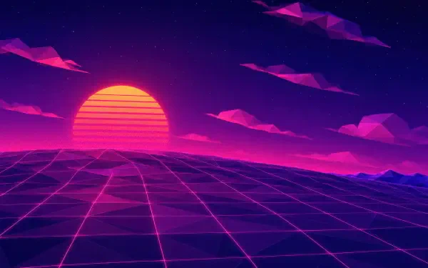 Retro polygonal 4K Ultra HD PC desktop wallpaper: neon grid foreground, low-poly mountains, striped magenta sunset and glowing starry sky.