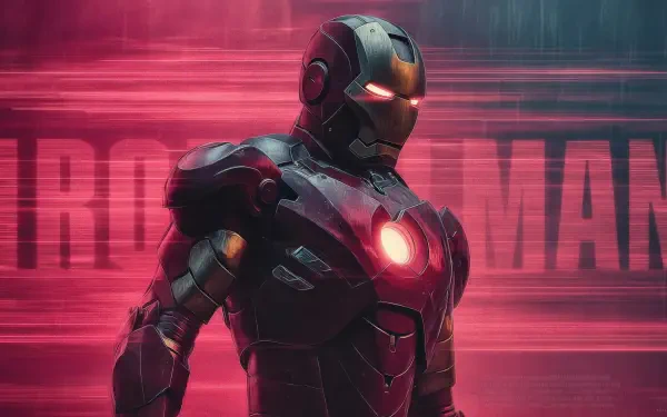 Digital art of Iron Man superhero in glowing red armor, chest arc reactor illuminated, futuristic 4K Ultra HD PC desktop wallpaper and background with motion-blur red streaks.