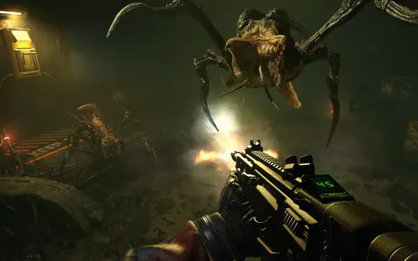 HD PC desktop wallpaper/background: first-person video game scene from Alien Deathstorm — player fires assault rifle at a towering spider monster in a dark industrial corridor.