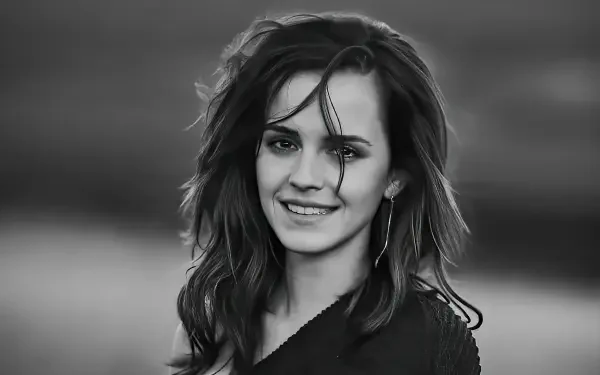 Black-and-white headshot of a smiling young woman with windblown hair against a soft backdrop — 5K Ultra HD PC desktop wallpaper and background.