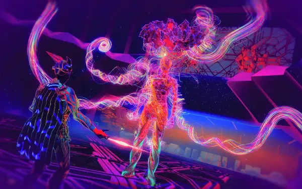 2K Quad HD PC desktop wallpaper from ETRE video game: neon cyberpunk scene of glowing humanoid figures entwined by pulsing tendrils over a futuristic cityscape.