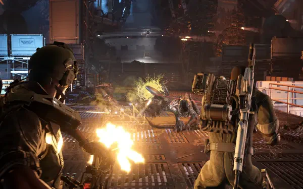 4K Ultra HD PC wallpaper from Aliens: Fireteam Elite 2 — soldiers unleash gunfire on charging aliens across a dim, industrial battlefield.