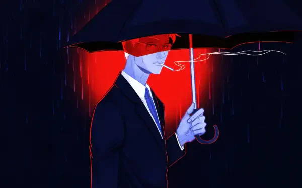 Digital Art of a suited man smoking under a black umbrella in red-lit rain; 5K Ultra HD PC desktop wallpaper and background.