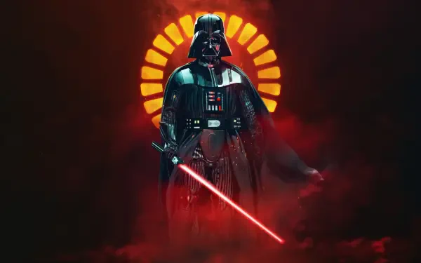 Darth Vader, Star Wars — dark 5K Ultra HD PC desktop wallpaper showing Vader in black armor, red lightsaber ignited and a halo-like red glow behind him amid smoky shadows.