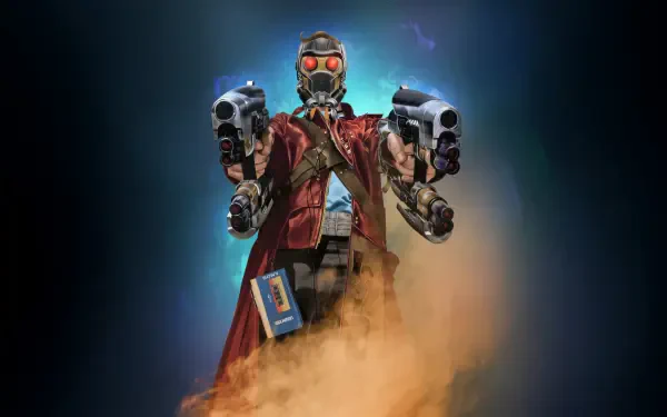 5K Ultra HD digital art PC wallpaper of superhero Star-Lord in a red coat and mask, firing dual pistols amid a cosmic blue glow and rising orange smoke.