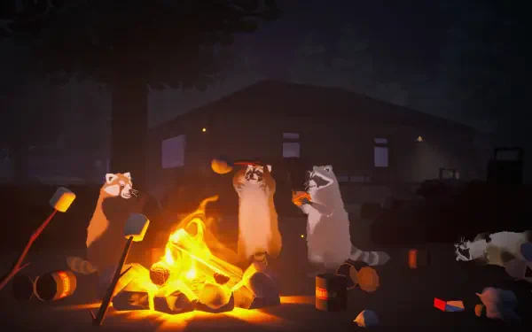 4K Ultra HD video game wallpaper: Dumpster Gang raccoons gathered around a glowing campfire, toasting marshmallows in front of a shadowy house — PC desktop background.