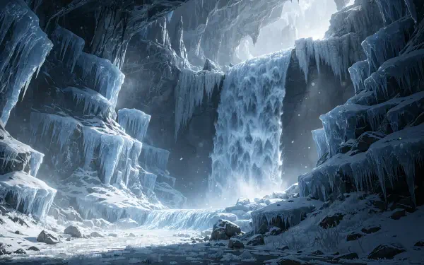 Frozen waterfall in an icy cavern, blue-tinted cliffs and snow under pale light — 4K Ultra HD PC desktop wallpaper and background.