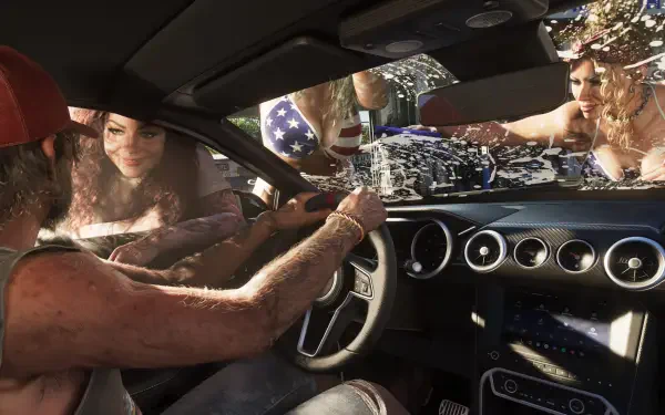4K Ultra HD PC Desktop Wallpaper and Background from Grand Theft Auto VI video game: interior car view as a driver grips the wheel while women wash the windshield in a Grand Theft Auto scene.