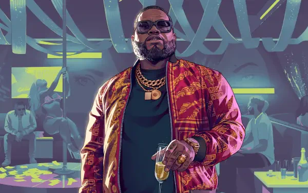 4K Ultra HD PC desktop wallpaper: Grand Theft Auto VI artwork of a bearded man in gold chains and a patterned jacket holding a drink in a neon-lit club, Grand Theft Auto video game scene.