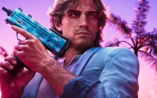 Grand Theft Auto VI 4K Ultra HD PC desktop wallpaper: a man in sunglasses clutching a teal submachine gun against a neon pink sky with silhouetted palm trees.