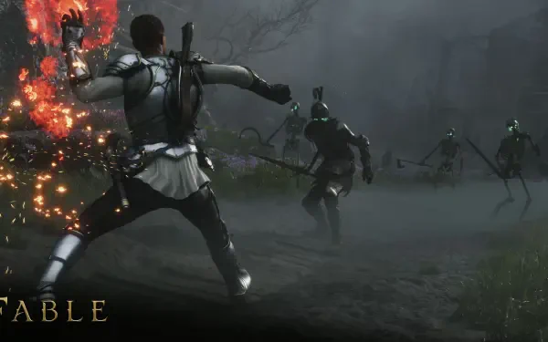 HD PC desktop wallpaper/background from the video game Fable (2027): an armored warrior unleashes fiery magic on skeletal foes across a fog-shrouded battlefield.