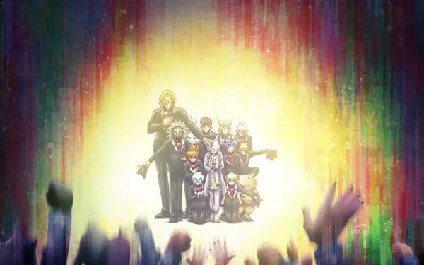 Anime HD desktop wallpaper of Iruma-kun (Welcome to Demon School!) cast grouped in a bright spotlight with a rainbow aurora backdrop and silhouetted reaching hands.