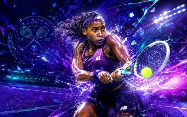 4K Ultra HD PC desktop wallpaper of a female tennis star mid-swing, neon racket striking a ball amid purple energy streaks and stadium lights, conveying raw speed and focused intensity.
