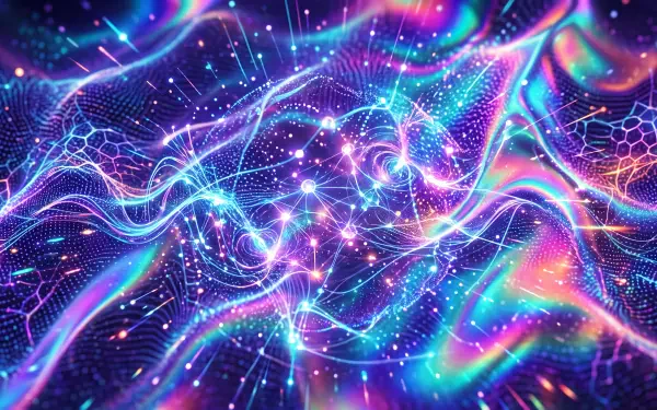 Neon abstract quantum field of glowing nodes and wavy light mesh in vibrant iridescent colors — 5K Ultra HD PC desktop wallpaper background