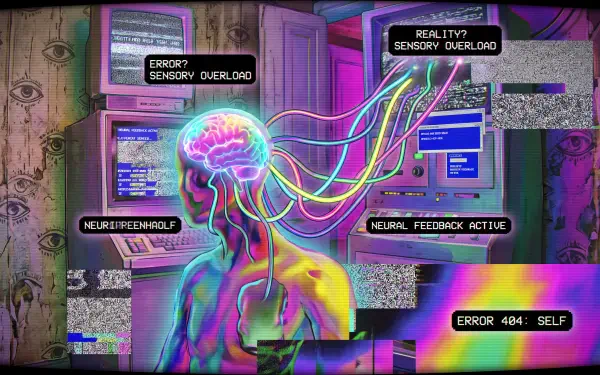 Weirdcore neon glitch 5K Ultra HD PC desktop wallpaper: a human silhouette with glowing brain and rainbow neural cables linked to glitching monitors and error-message overlays.