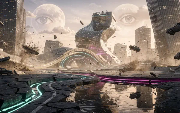 4K Ultra HD PC desktop wallpaper: surreal earthquake-ravaged city with cracked reflective pavement, shattered skyscrapers, floating debris and two giant translucent eyes looming in the sky.