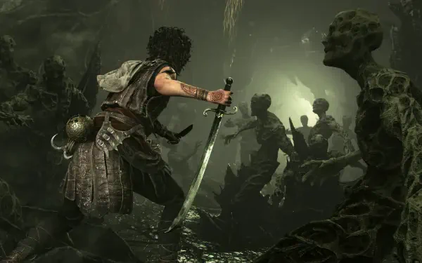 HD PC desktop wallpaper from the video game Resonance: A Plague Tale Legacy — a sword-wielding warrior confronts shadowy figures amid a murky, skeletal cavern.