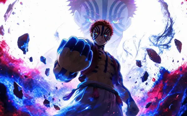Akaza from Demon Slayer: Kimetsu no Yaiba stands menacingly amid swirling blue and purple energy, fist thrust forward, 4K Ultra HD anime PC desktop wallpaper/background.