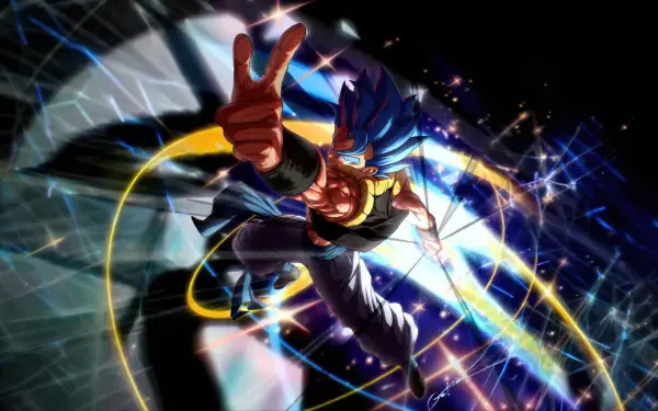 Gogeta (Dragon Ball) anime, blue-haired Super Saiyan striking a dynamic flying pose amid glowing energy arcs and stars — 4K Ultra HD PC desktop wallpaper/background.