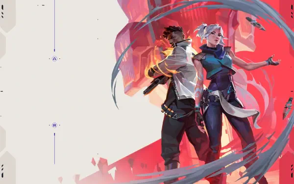 Valorant 4K Ultra HD PC wallpaper featuring Phoenix (Valorant) and Jett (Valorant) standing back-to-back amid red energy swirls and a stylized futuristic backdrop.