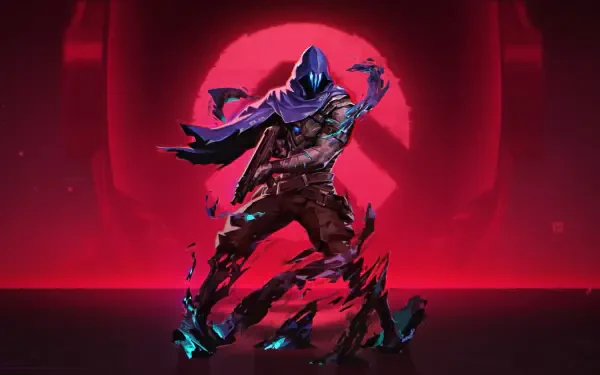 HD PC desktop wallpaper: Valorant's Omen stands shrouded in a tattered purple cloak and teal smoke, silhouetted against a glowing red circular backdrop.