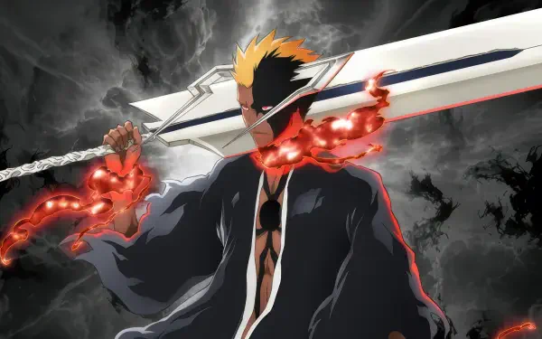 Bleach: Thousand-Year Blood War 4K Ultra HD PC desktop wallpaper — Ichigo in a dark cloak with a half-mask, wielding a colossal sword wrapped in red energy against a stormy sky.